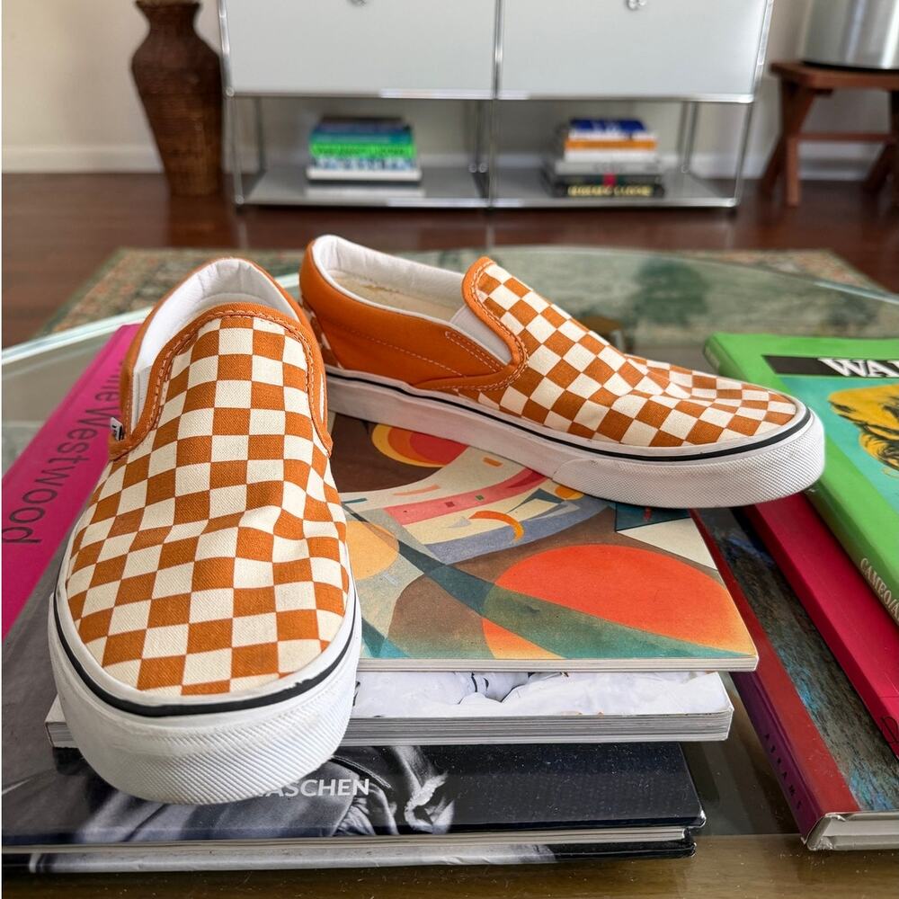 Vans Classic Slip-On Orange Checkerboard Sneakers - Picture 3 of 6